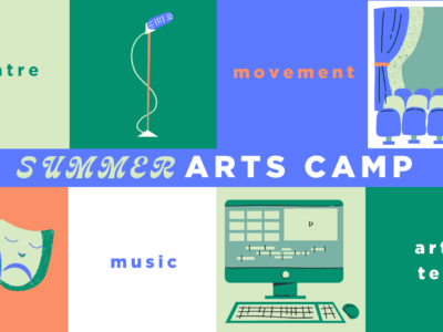 An image of several cip art images, including a computer, a drama mask, a microphone.