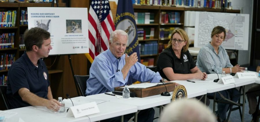 President Joe Biden participates in a briefing at Marie Roberts Elementary School about the ongoing response efforts to devastating flooding, Monday, Aug. 8, 2022, in Lost Creek, Ky. From left are Kentucky Gov. Andy Beshear, Biden, FEMA Administrator Deanne Criswell and Kentucky Lt. Gov. Jacqueline Coleman.