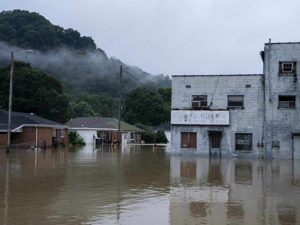 Flooding in downtown Jackson, Ky., on July 29, 2022. The water comes up about a third of the way on people's front doors.