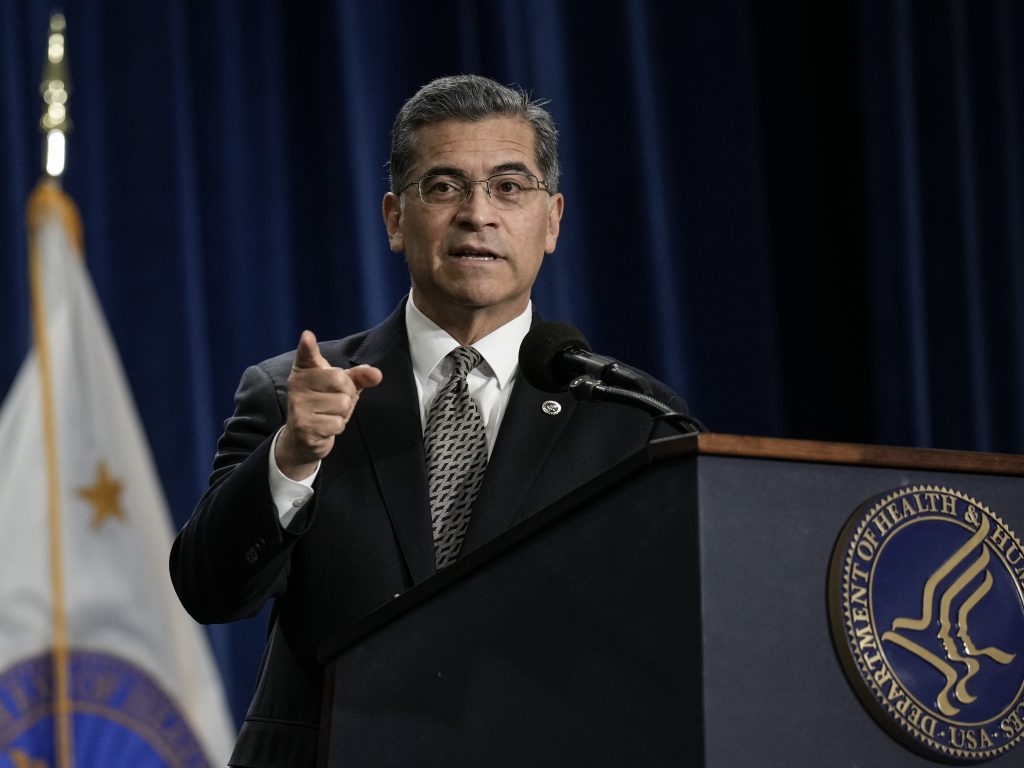 Secretary of the Department of Health and Human Services Xavier Becerra at a news conference at HHS headquarters in Washington, D.C.