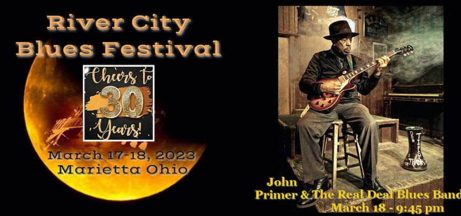 A promotional image for the River City Blues Festival, depicting a moon and also a man playing guitar.