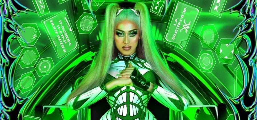 A promotional image of Villano Antillano in a Matrix inspired cyberpunk outfit that is green, white, and black.