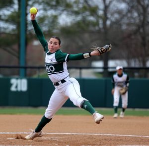Bobcats pitcher Skipp Miller throws a pitch during the second game against Ball State in Athens, Ohio on Sunday April 2; 2023.