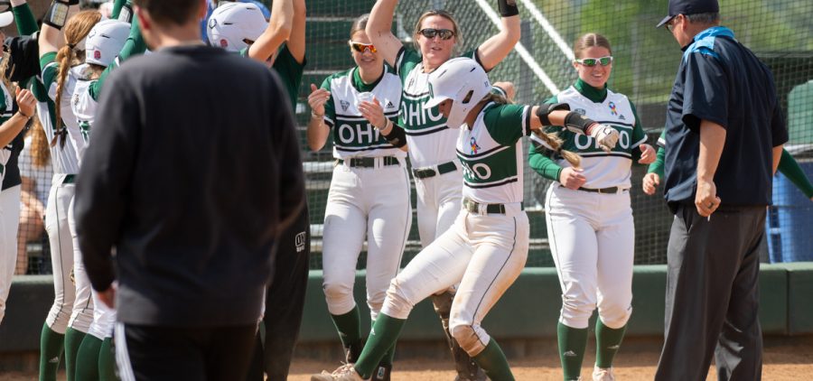 Shelby Westler stomps on home plate after her two-run homerun during Ohio's game against Toledo
