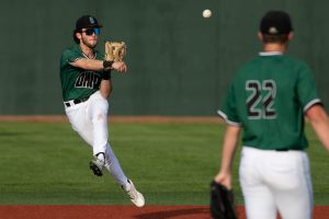 Alec Patino throws to first base during Ohio's game against Morehead State at Bob Wren Stadium in Athens, Ohio, on Tuesday, April 4, 2023.