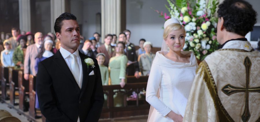 Helen George as Trxie Franklin, Olly Rix as Matthew Aylward, and Wedding Guests