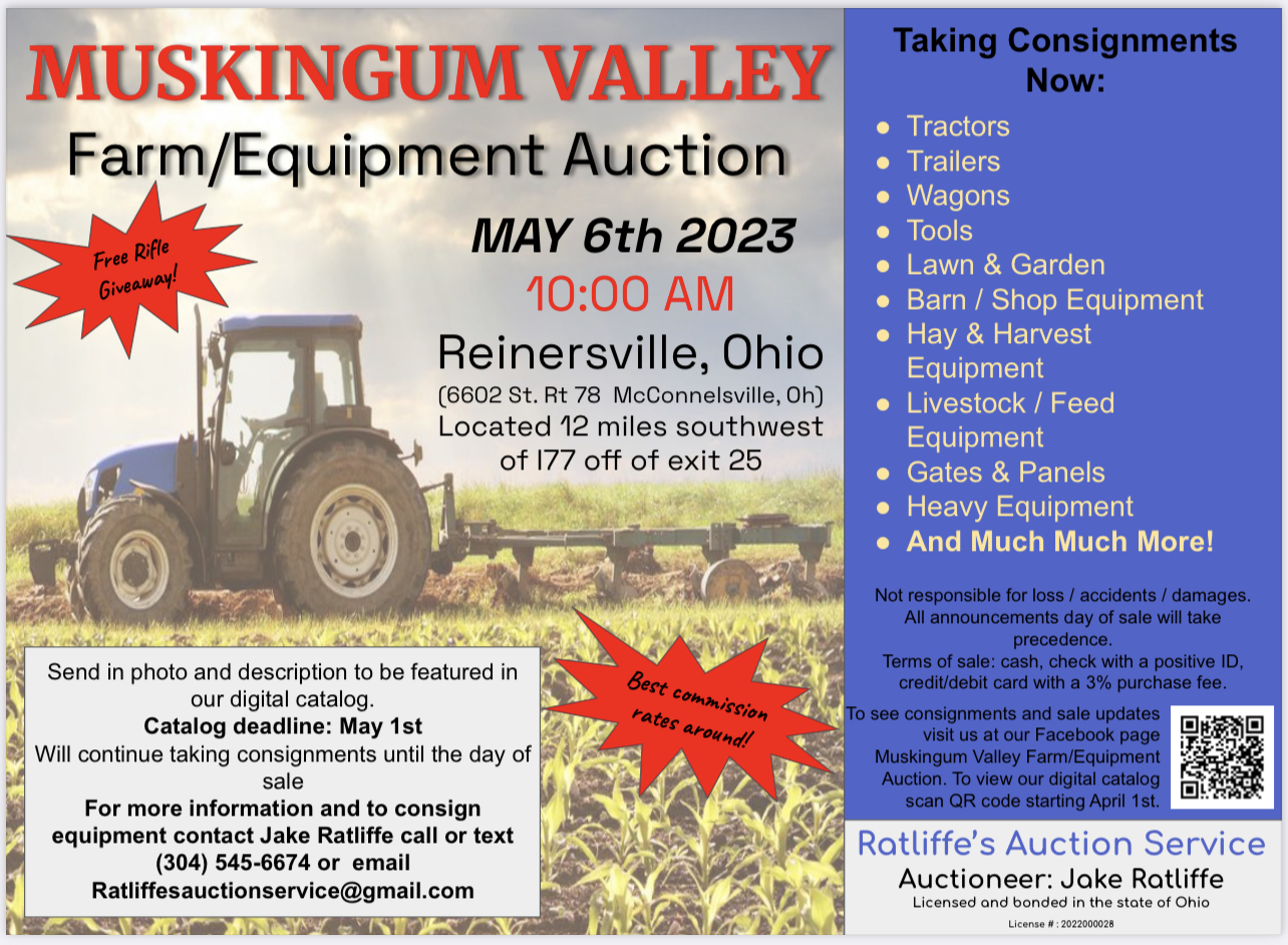A flyer for the Muskingum Valley Farm Equipment Auction