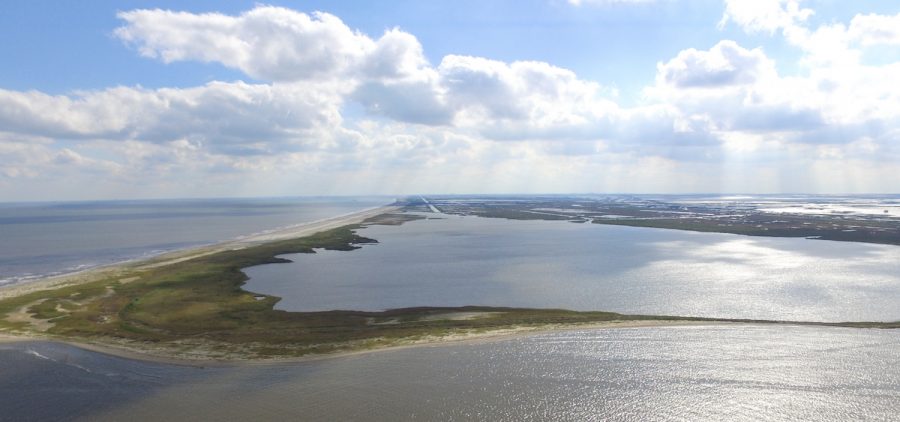Drone aerial photo of coastal Louisiana --Grand Isle looking west towards Port Fourchon.