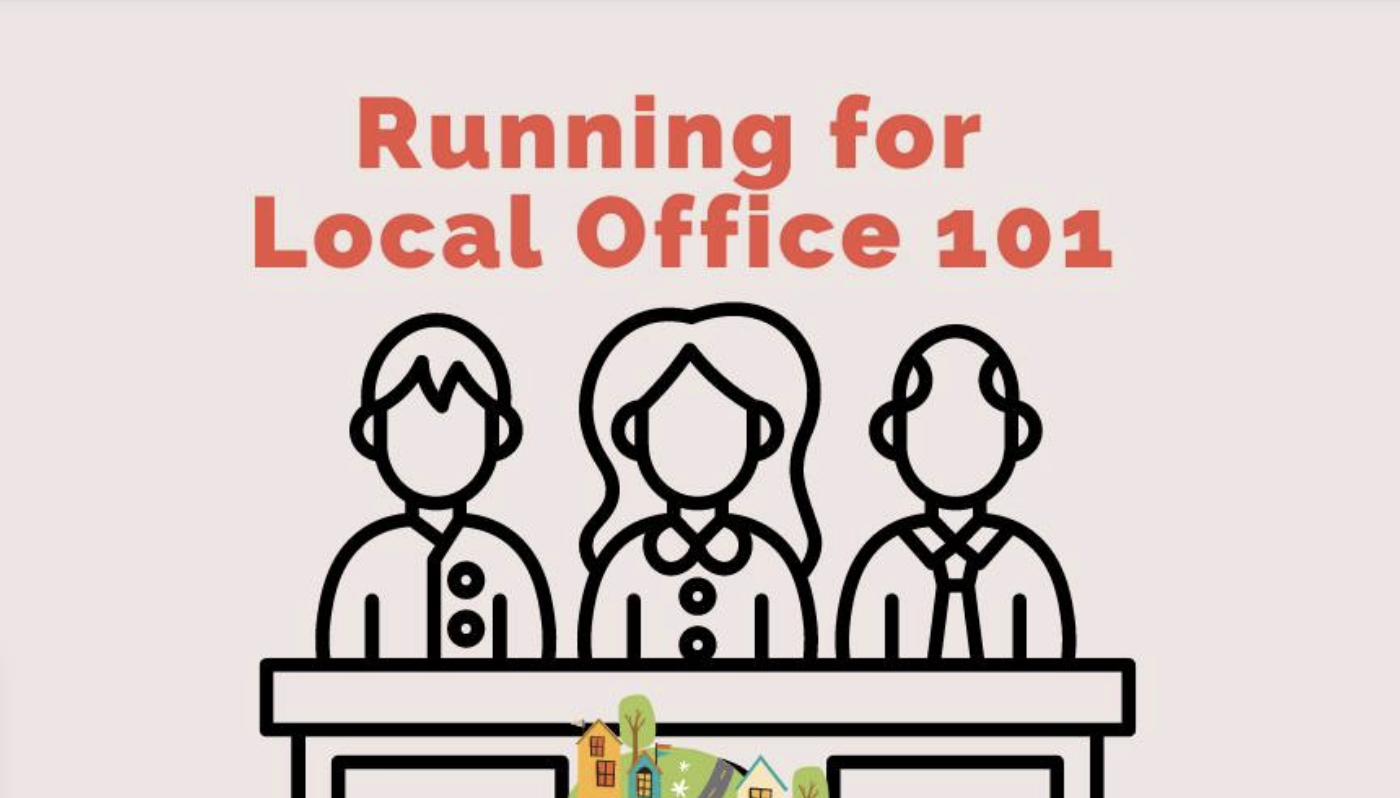 An image that is clip art of three people behind a desk with the text "Running for Local Office 101" above them