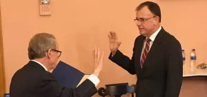 Pat McDonald is sworn in by Governor Mike DeWIne as director of the Ohio Lottery in February 2019.
