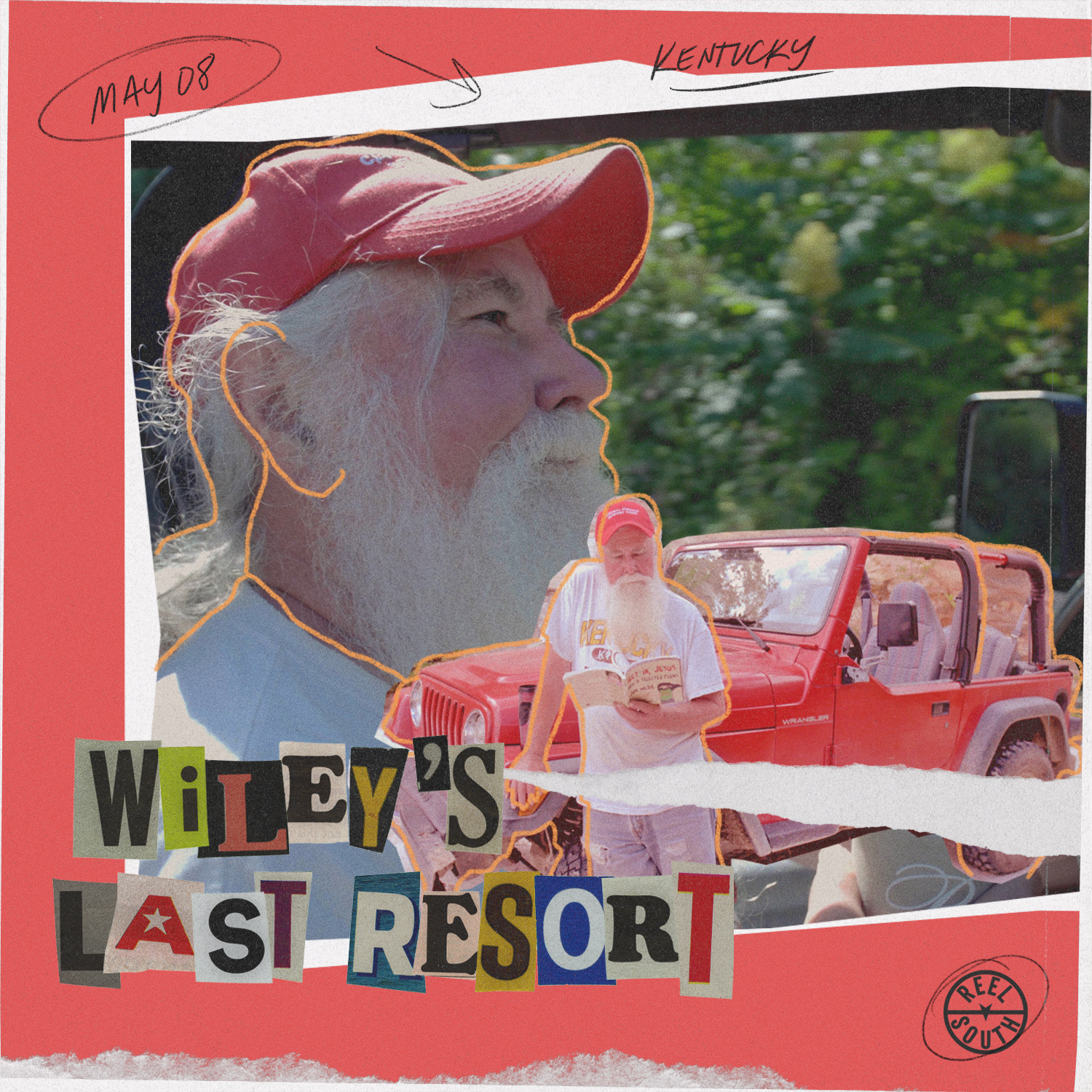 A promotional image for the film "Wiley's Last Resort." It pictures Jim Webb's profile against the green outdoors, with his red truck in the foreground.