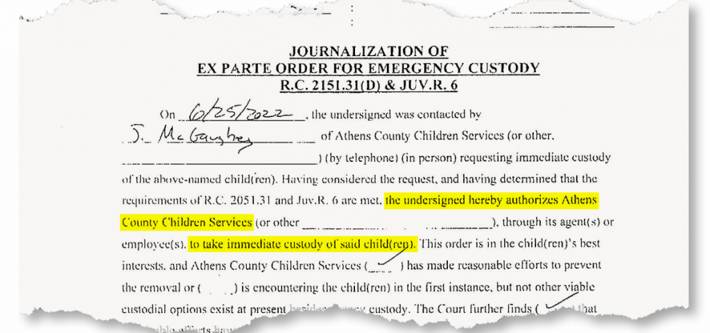 An unsigned form shows Athens County Children Services' ability to take custody of children.