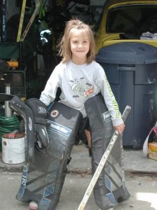 Young Gwyn in oversized goalie pads