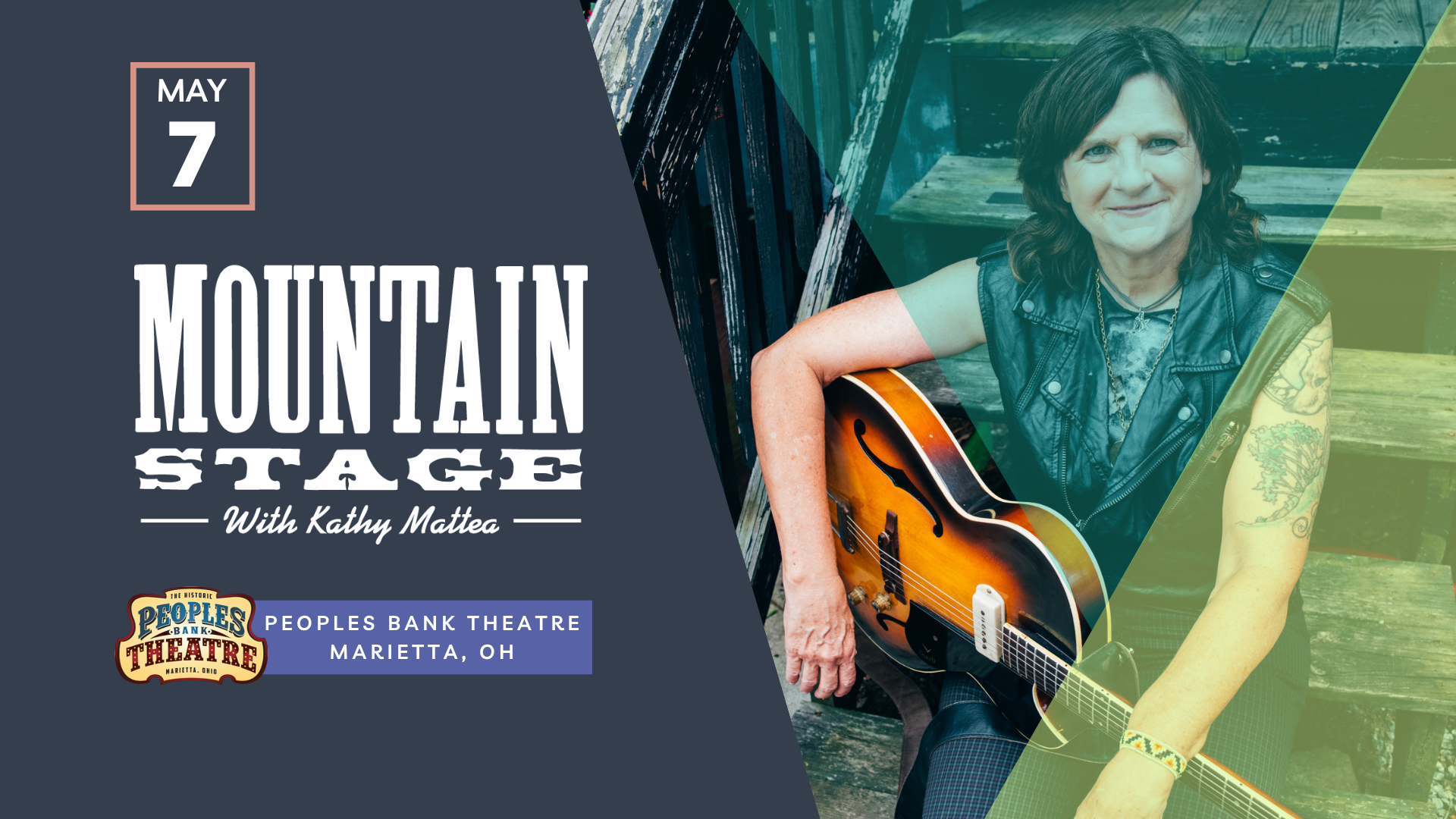 A promotional image for the May 7 taping of Mountain Stage coming to Marietta's Peoples Bank Theatre.