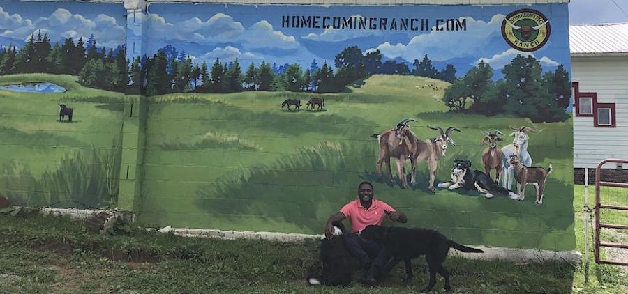 An image of a man sitting in front of a mural depicting a bucolic scene