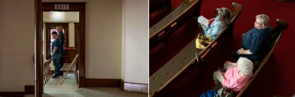 On the left, two people attend a service at Struthers UMC as seen through a hallway door. On the right, three people sit in pews at a Struthers UMC service as seen from above.