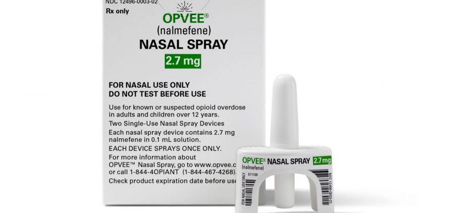 The drug Opvee in its nasal injector and box next to it.