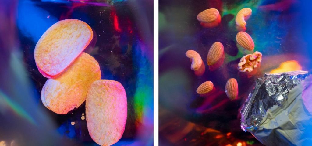 Potato chips and salted nuts on a psychedelic background.