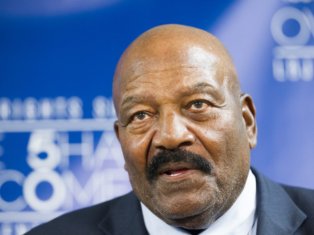 Jim Brown speaks during a press conference after speaking on a panel with Bill Russell and Dr. Harry Edwards on the second day of the Civil Rights Summit at the LBJ Presidential Library April 9, 2014 in Austin, Texas.