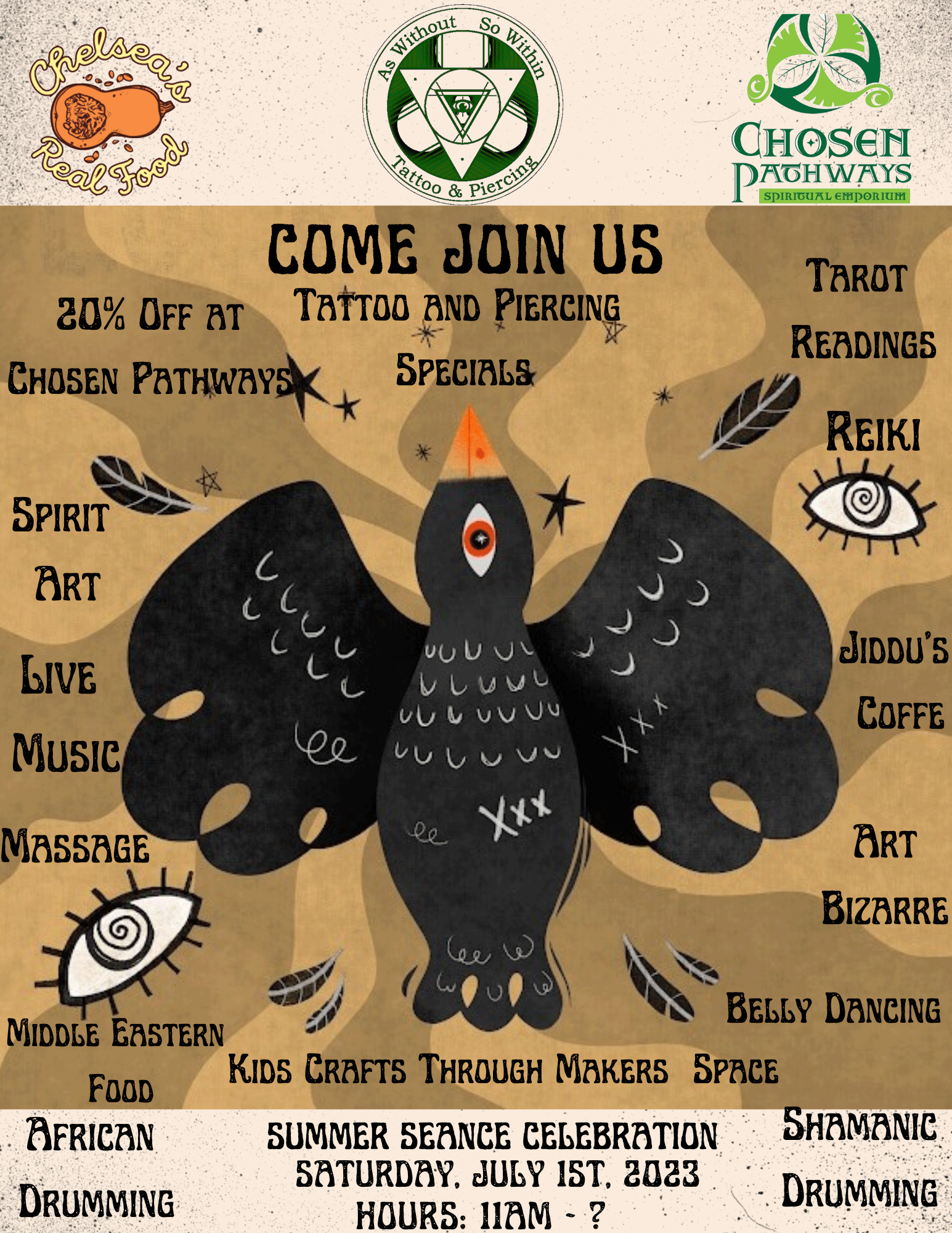 A flyer for the Summer Seance event. The information is in the body of this event listing. The flyer has an illustration of a simplified crow in the middle.
