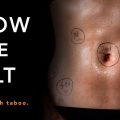 BELOW THE BELT: THE LAST HEALTH TABOO movie poster. Title with abdomen with surgical writing