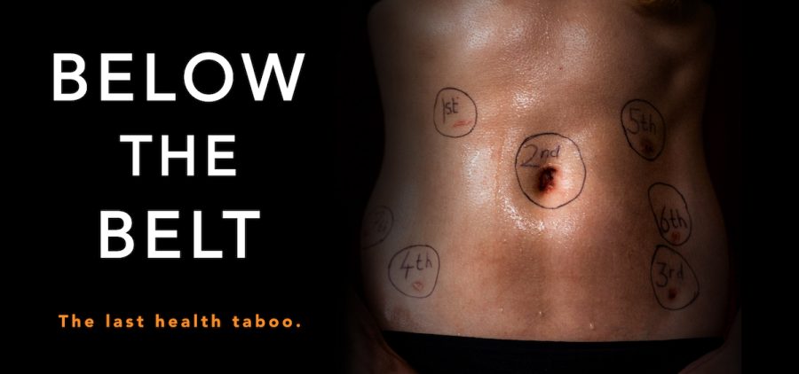 BELOW THE BELT: THE LAST HEALTH TABOO movie poster. Title with abdomen with surgical writing