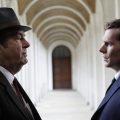 Roger Allam as Fred Thursday and Shaun Evans as Endeavour Morse standing face to face