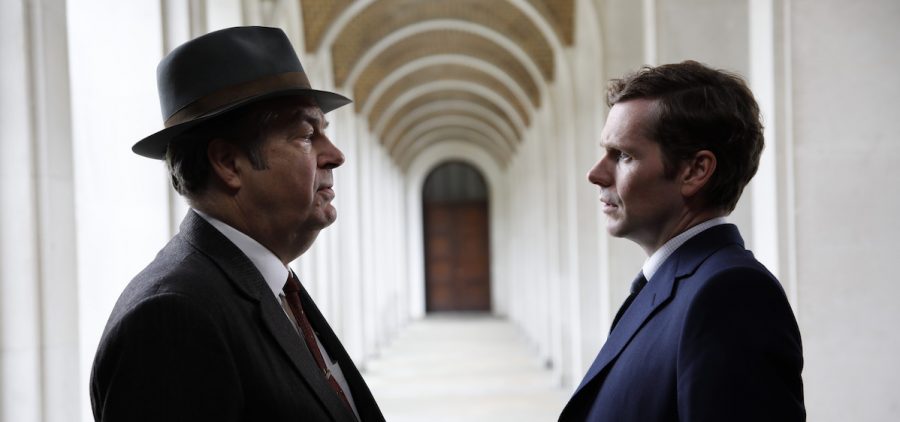 Roger Allam as Fred Thursday and Shaun Evans as Endeavour Morse standing face to face