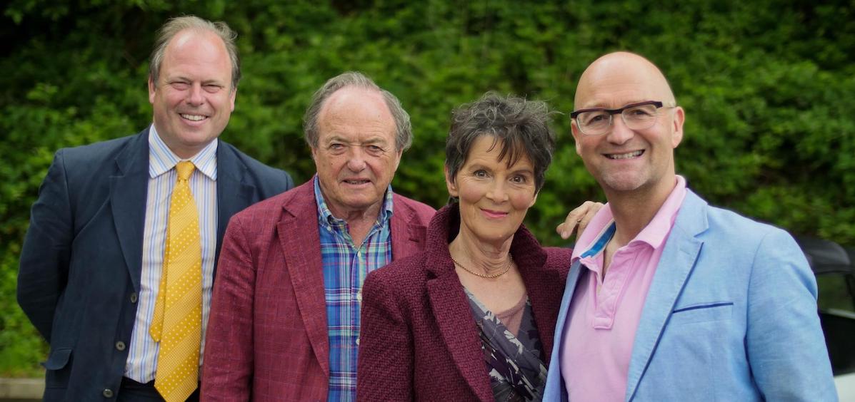 James Bolam and Susan Jameson with antique dealers in Celebrity Antiques Road Trip