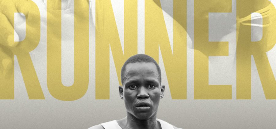 Top of movie poster. Word "Runner" with head of track runner over the "n's"