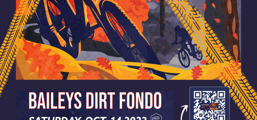 A flyer for Bailey's dirt fondo event. The flyer features an image of a bicycle against an abstract colorful background.