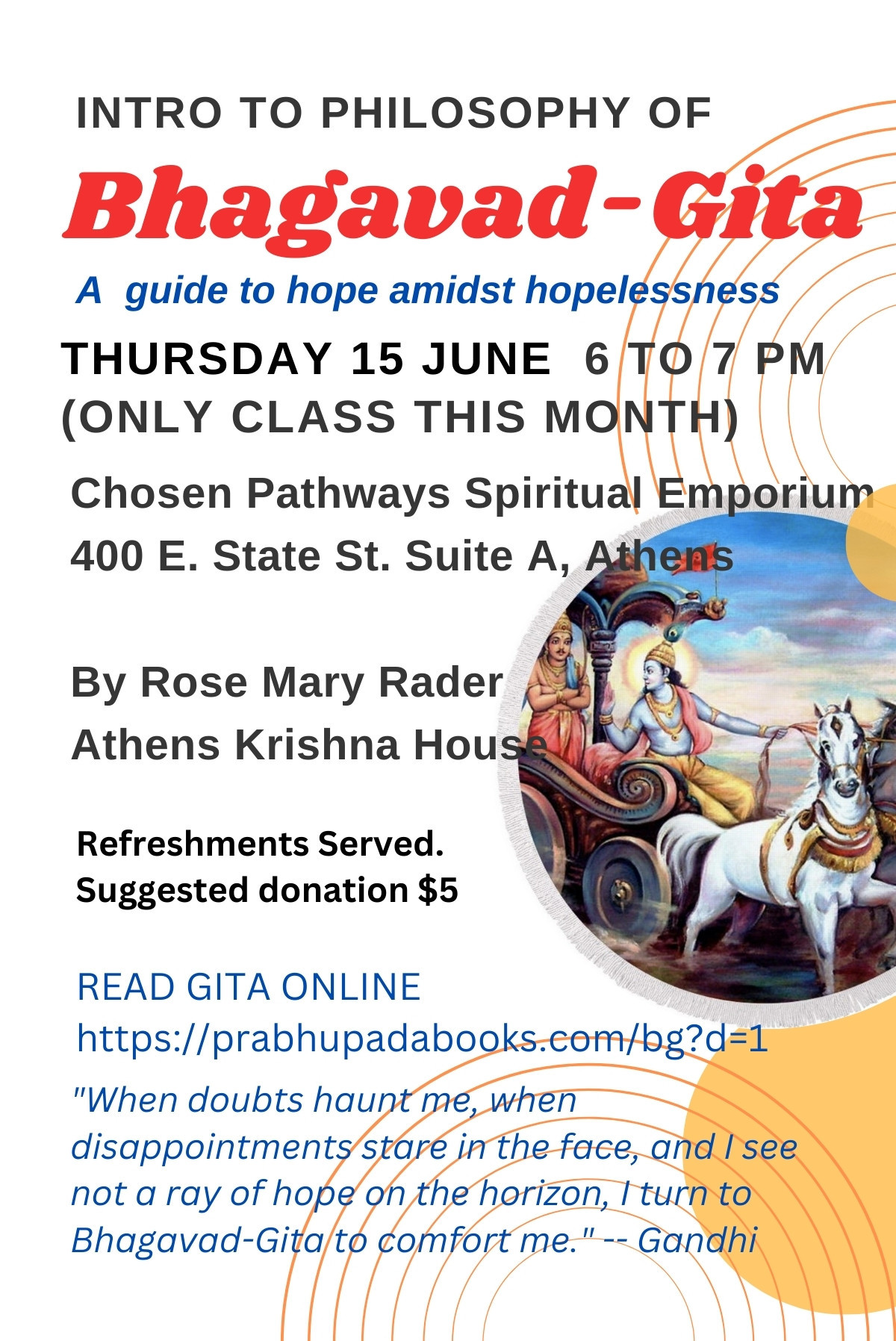 A flyer for the upcoming Intro to the Bhagavad-Gita workshop. The information on the flyer is detailed in the event listing.