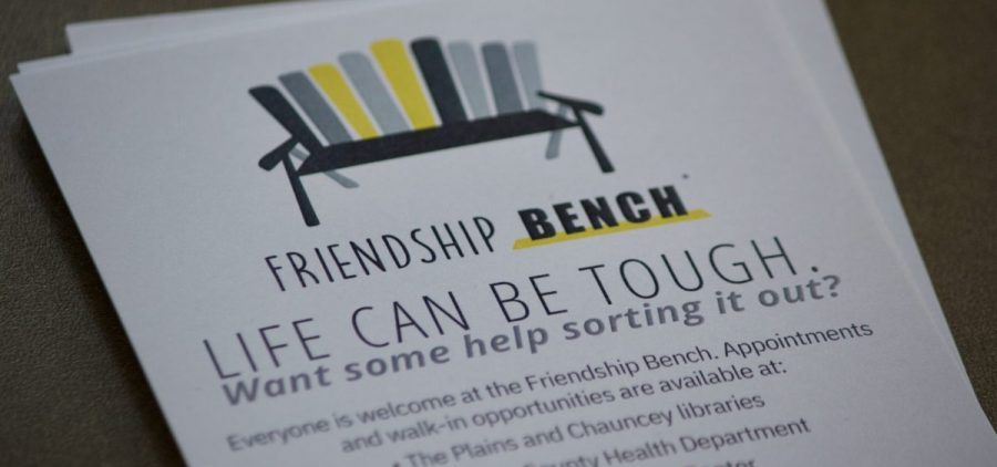 A flyer for the Friendship Bench program showcasing the message, "Life can be tough. Want some help sorting it out?"