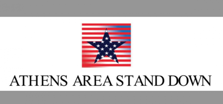 An image with a blue star in the middle of a box with red and white horizontal lines and the text ATHENS AREA STAND DOWN below
