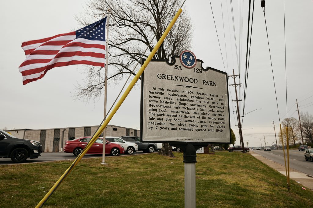 A Tennessee Historical Commission marker honors the site of Greenwood Park, which was established by Preston Taylor in 1905. The park was the first to serve Nashville's Black residents.