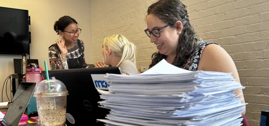 ACLU workers process petitions gathered by the organization to place a constitutional amendment on the November ballot that would codify abortion in Ohio.