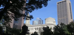 The Ohio Statehouse viewed from State Street in Columbus.