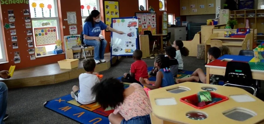 A teacher leads a classroom session at a child care facility in central Ohio.