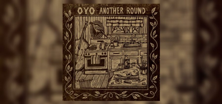 Cover of Oyo's sophomore album, "Another Round." It shows a wood carving of the inside of a cabin.
