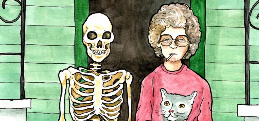 An illustration of a woman with a sweater with a cat on it sitting on a porch with a skeleton who has its hand on her knee.