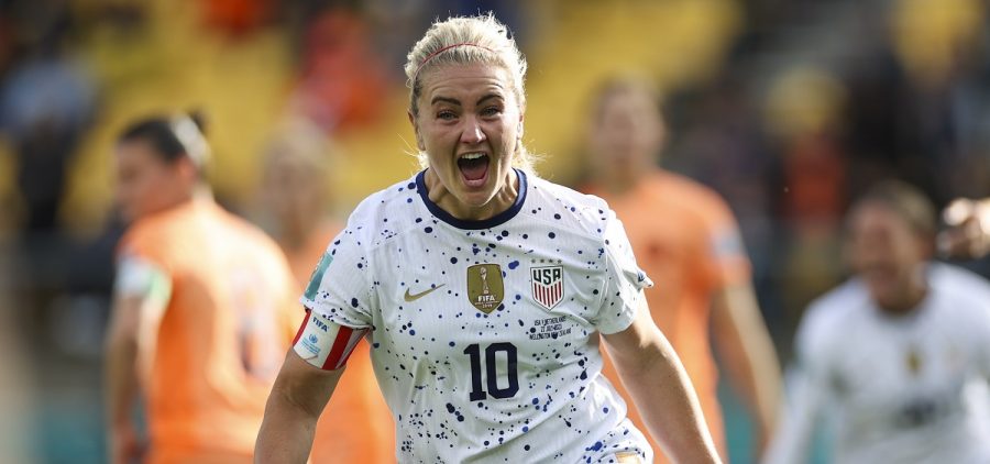 United States' Lindsey Horan celebrates her team's first US goal during the Women's World Cup Group E soccer match between the United States and the Netherlands in Wellington, New Zealand.