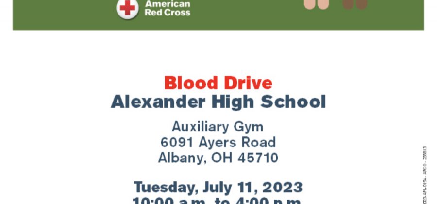 A flyer reading: Join us at camp do good Give blood. Blood Drive. Alexander High school Auxiliary Gym 6091 Ayers Rd. Albany, OH 45710 Tuesday July 11, 2023 10 a.m. to 4 p.m. The information is on a flyer with clip art of two people in front of a line of pine trees.