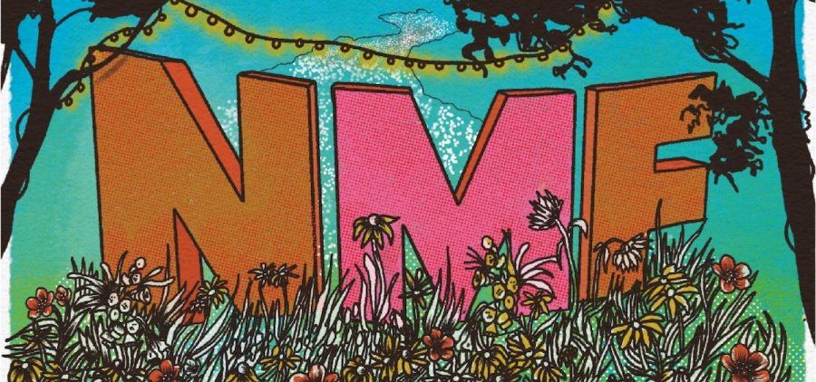 A part of the logo for the 2023 Nelsonville Music Festival, which is the letters "N" "M" "F" in orange and pink in illustration form.