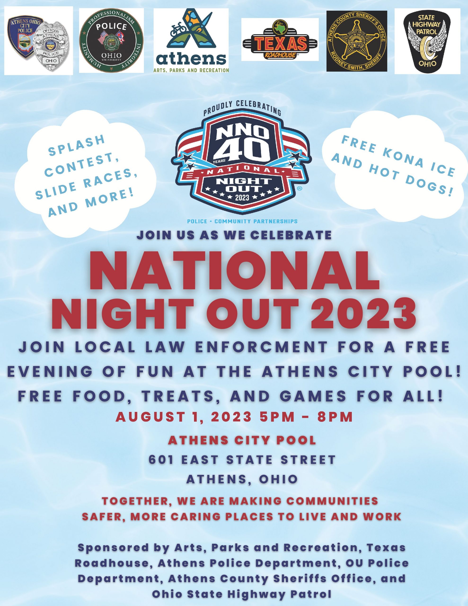 A flyer reading NationalNight Out 2023 Join Local Law Enforcement for a free evening of fun at the Athens City Pool. Free food, treats, and games for all. August 1, 2023 5 p.m. - 8 p.m. The text is against a background that looks like the surface of water.