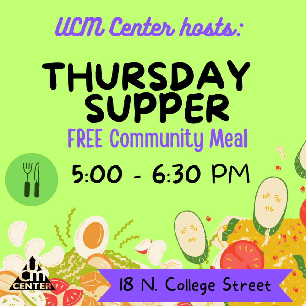 An image reading UCM Center presents: Wednesday Lunch FREE Community Meal. There is clipart of various vegetables underneath the text, which is against a green background.