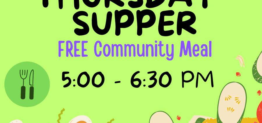 An image reading UCM Center presents: Wednesday Lunch FREE Community Meal. There is clipart of various vegetables underneath the text, which is against a green background.