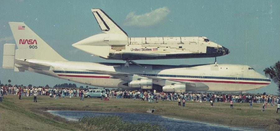 Space shuttle Columbia sitting on top of a NASA 747 for tyransport