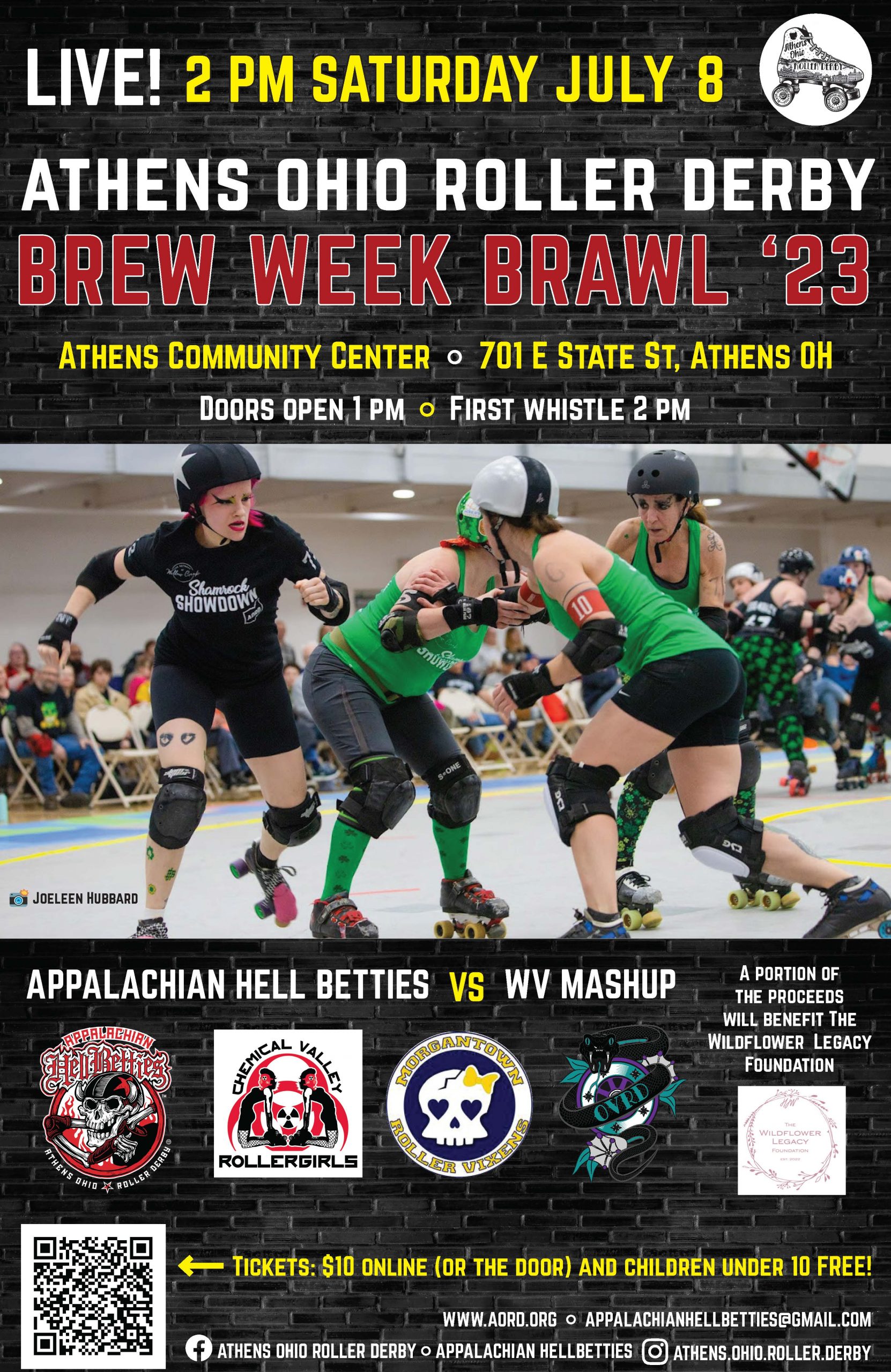 The flyer for the Athens Ohio Roller Derby Brew Week Brawl '23, featuring a picture of four roller derby players in full gear playing the game. All the information in the flyer is detailed in the posting.