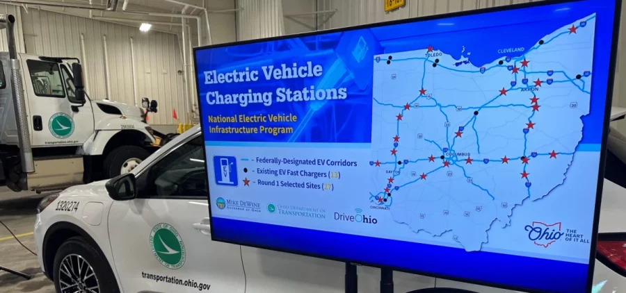 A map of the 27 electric vehicle charging stations at the ODOT facility in Hilliard, where the locations of those federally funded charging stations was announced.