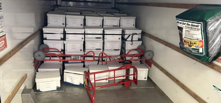 Boxes of petitions containing signatures supporting putting an abortion rights amendment on the November ballot sit in a U-Haul truck outside the Ohio Secretary of State's office, waiting to be unloaded.